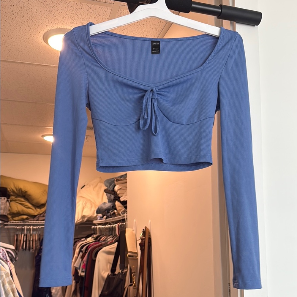 SHEIN Blue Tie Front Crop Blouse